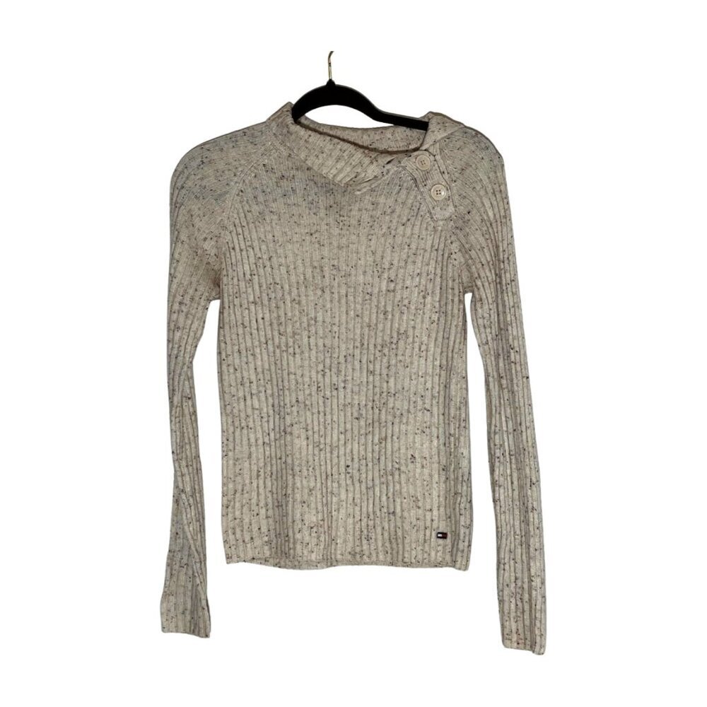 Tommy Jeans Girl's Sweater Vintage Y2k Beige Fleck Button Mock Neck Size Large